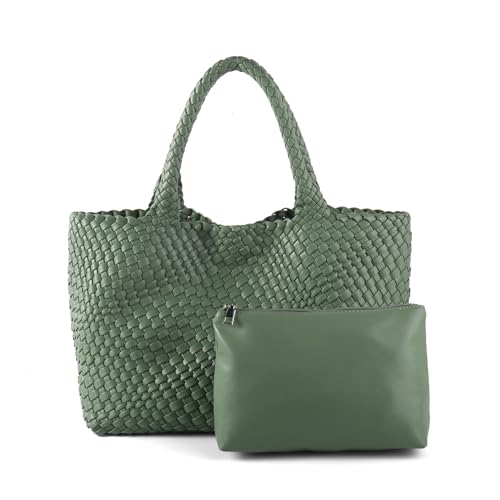 Image of Woven Tote Bag Womens Purse Vegan Leather Shoulder Handbags Fashion Summer Beach Tote Bags Large Travel Totes
