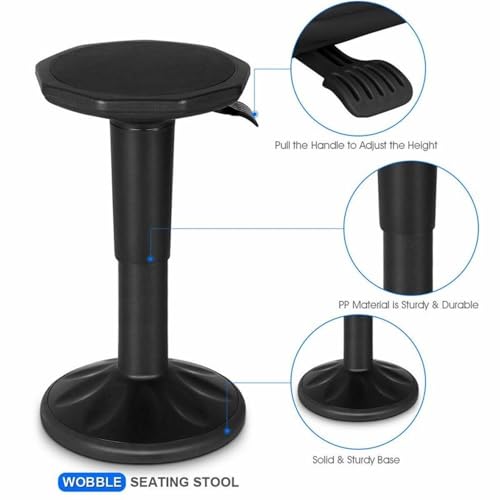 Image of Pemberly Row Contemporary Plastic Wobble Sitting Stool, Height Adjustable 16.5-23 in, Durable PP Frame with Silicone Cover, Black Finish, Lightweight Ergonomic Stool for Home, Office, or Classroom Use