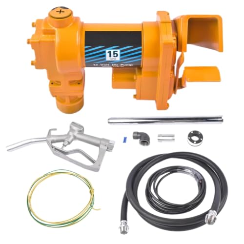 Kit de bomba de transferencia de combustible amarilla de 12 V y 15 GPM con manguera de descarga y boquilla manual