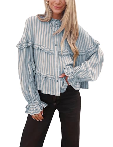 Tanming Womens Striped Button Down Shirts Ruffled Long Sleeve Stand