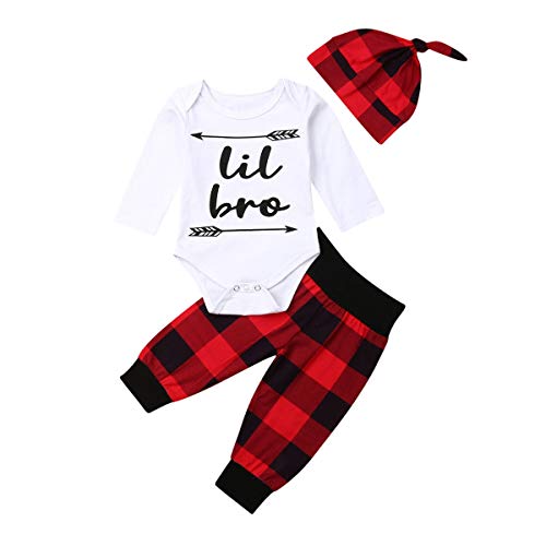 Image of 3Pcs/Set Newborn Baby Boy Little Brother Romper Bodysuit+ Plaid Pants+Hat Outfit Clothes