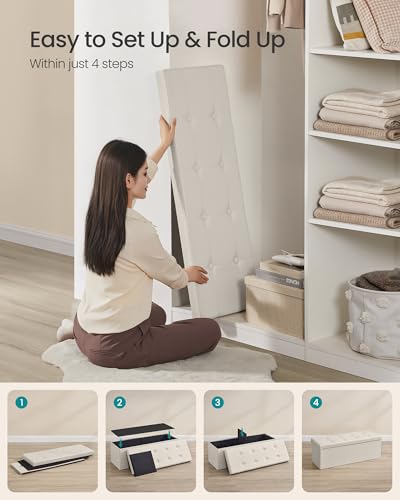 Image of SONGMICS Mazie Collection - 43 Inches Folding Storage Ottoman Bench, Ottoman with Storage, Foot Rest Stool, Load 660 lb, for Living Room, Synthetic Leather, Cream White ULSF70M