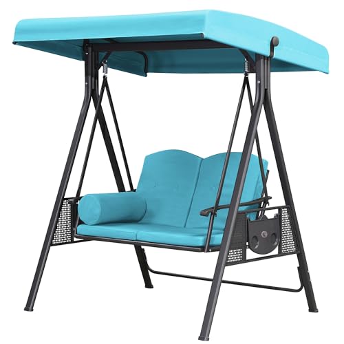 Image of PURPLE LEAF Outdoor Patio Porch Swing with Stand, 2-seat Swing Chair with Adjustable Tilt Canopy All-Weather Steel Frame for Backyard Front Porch Lawn, Cushions and Pillow Included, Turquoise Blue
