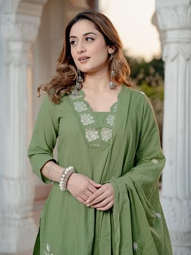 Image of Arayna Women's Pure Cotton Embroidered Kurta Pant Dupatta Set | Straight Kurta with Floral Embroidery | Ethnic Suit Set for Women