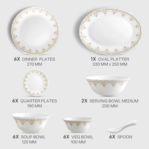 Image of CELLO Victor Imperial Plus Series Opalware Dinner Set of 33 Pieces For Family of 6 | Bone-Ash Free & Leadfree Opal Glass Microwave & Dishwasher Safe Crockery Plates & Bowls Set For Daily Use & Gifting