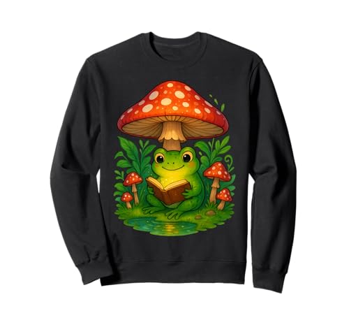 Cottagecore Livre de Lecture Grenouille sous Champignon Fairycore Art Sweatshirt