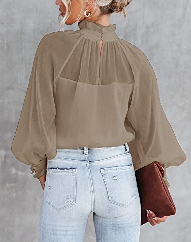 Sunborui Women's Long Sleeve Ruffle Neck Chiffon Blouse High Neckline Relaxed Fit Tops (Brown,Xx-Large,Xx-Large) #TOP1