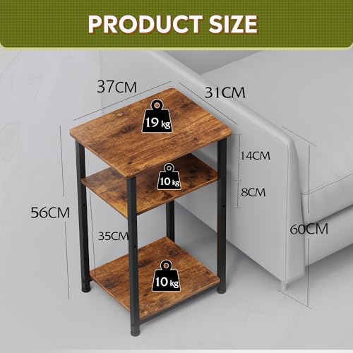 WLIVE Side Table, 3-Tier Small Table with Sturdy Steel Frame, Adjustable Feet, Top Shelf Holds up to 19kg, Bedside Table for Bedroom, End Table for Living Room, Office, Rustic Brown