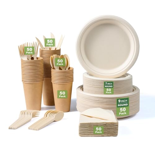 350 Pieces Compostable Disposable Plates for 50 Guests, Biodegrad...