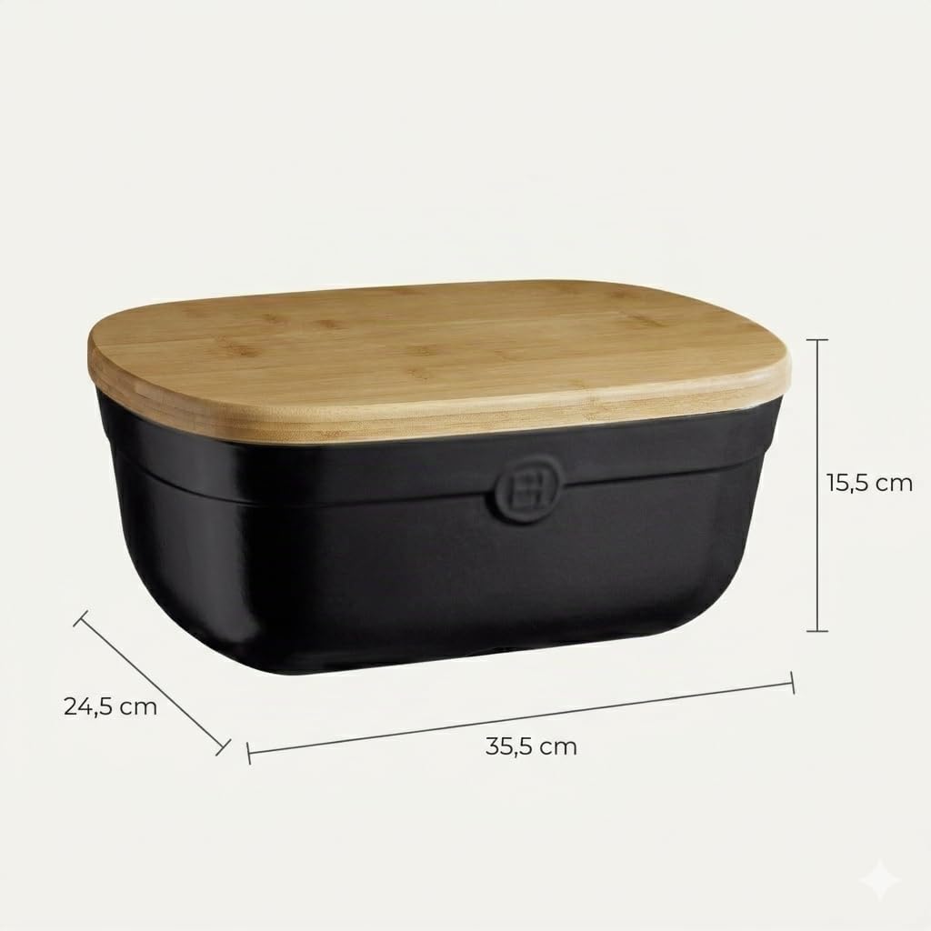 Emile Henry Boîte à Pain avec Couvercle Bambou – Conservation Optimale du Pain – Boîte à Pain Céramique Haute Résistance – Coloris Truffe – Fabriquée en France