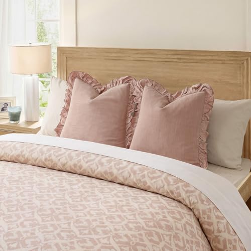 Image of Foindtower Set of 2 Decorative Linen Fringe Ruffle Throw Pillow Covers Soft Boho Farmhouse Cushion Cover Cozy Accent Retro Pillowcase for Couch Sofa Bed Living Room Home Decor,18x18 Inch,Coral Pink