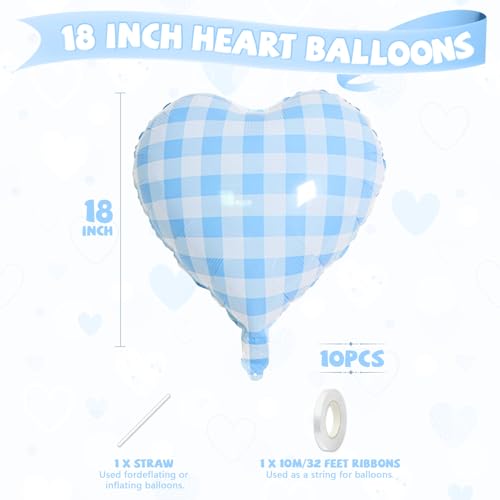 Image of Blue White Checkered Heart Balloons, 10 Pcs Light Blue Grid Heart Shape Balloon, 18 Inch Lattice Foil Valentines Balloons for Kids Boys Birthday Wedding Valentines Bridal Baby Shower Party Decorations