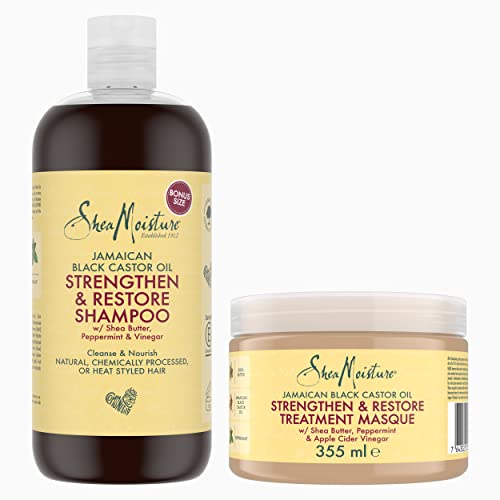 SheaMoisture Shampooing Fortifie et Revitalise 473ml + SheaMoisture Masque Fortifiant Huile de Ricin Noir de Jamaïque, pour cheveux abîmés et traités chimiquement, Fortifie et Restaure 355ml Cover