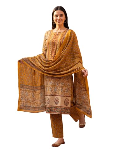 Image of INDO ERA Women's Pure Cotton Abstract Printed Mirror Work Kurta & Pant with Dupatta Set (IEAI13205)|Cotton Suits For Women With Dupatta