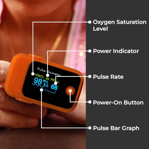Image of Healthshine Adult Pulse Oximeter Fingertip | SpO2 & Pulse Rate Measurement for Adults, Men & Women | OLED Display, Low Battery Indicators, One-Button Operation, Auto Off | Durable & Accurate - Orange