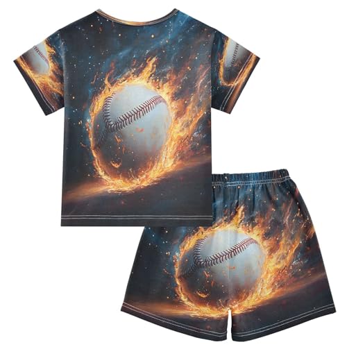 ALAZA Baseball Flame Sky Blue Pajamas Set Short Sleeve Cotton Sleepwear Summer Pjs 2 Piece 5-14Y2