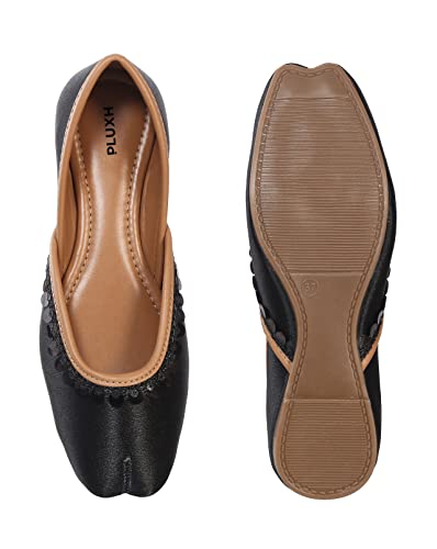 Image of Pluxh Women's Ethnic Jutti Shoes | Shiny Finish Mojari with Sequin Border | Soft Cushioned Slip-On Flats for Casual