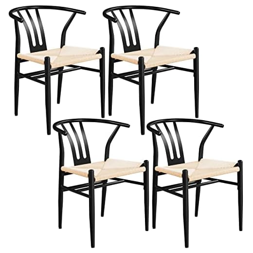 Yaheetech 4PCS Wishbone Dining Chair Weave Chair Mid-Century Modern Metal Rattan Chair Black Dining Chair Armchairs Hemp Seat Chair Accent Chair for Kitchen, Dining, Living Room Side Chairs, Black
