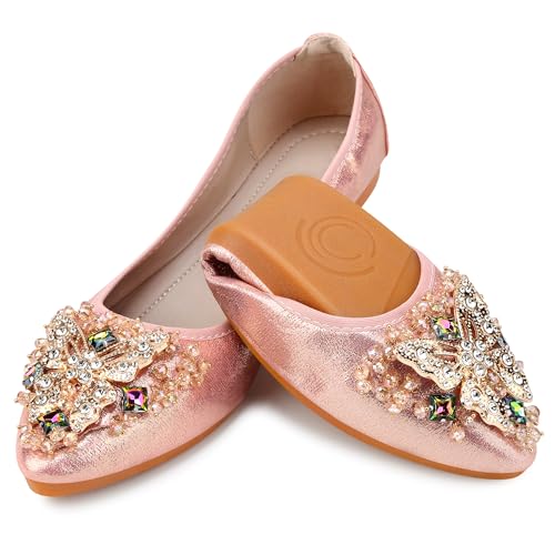 KUNWFNIX Women Ballet Flats Rhinestone Wedding Ballerina Shoes Foldable Sparkly Comfort Slip on Flat Shoes 5.5 #03_pink