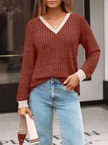 Image of AUTOMET Womens V Neck Long Sleeve Shirts Fall Tops 2026 Lightweight Sweater