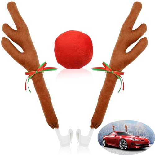 SEILETOO Reindeer Antlers and Nose Kit, Christmas Car Decorations, Rudolph With Bells and Red Nose for SUV Vans Trucks Multiple Models