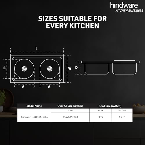 Image of Hindware Kitchen Sink 35 inchx35 inchx9 inch | 304 Grade Stainless Steel | Handmade Single Bowl Sink with Accessories includes- Soap Dispanser, Pullout Faucet, Bottle Trap Connector & Chopping Board (Octavius)
