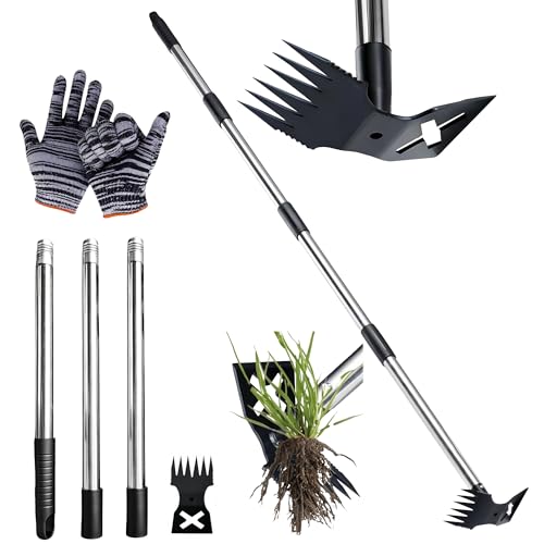 DpTerranubis Weed Puller Tool, long handled weeding tool, Handle Garden Weed Puller Root Removal Tools Extending Handle Patio Weed Remover Tool Ergonomic Dandelions Root Remover for Yard