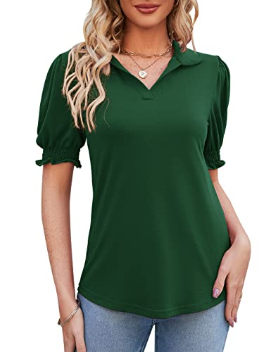 Micoson Women's Short Sleeve Tops And Blouses Business Casual Collared Tunic Shirt Stretch Cotton Polo Shirt Green S #TOP1