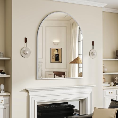 Image of BEAUTYPEAK 32 inchx42 inch Arch Bathroom Mirror, Wall Mounted Vanity Metal Frame Mirror for Bedroom, Entryway, Living Room, Silver