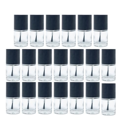 ROHIJALE 20 Packs 10ml-0.33Oz Clear Glass Nail Polish Bottles with Black Caps & Brushes Refillable Empty Varnish Containers Empty Nail Polish Bottle for DIY Nail Art, Cuticle Oil, Glitter Polish