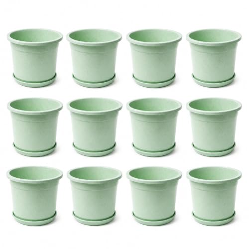 Image of 12 Inch Glossy Plastic Planter with Bottom Plate | Heavy Duty Flower Pot with Tray for Indoor Home Decor, Balcony, Living Room & Outdoor Garden (12 Pot, Mint Sparkle)