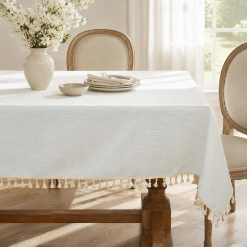 Image of Laolitou Off White Rectangle Tablecloth with Tassels 55x90 Inch