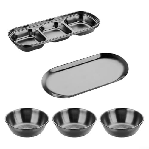 Pumixiy Juego de 5 platos de acero inoxidable con bandeja de almacenamiento y cuencos de inmersión para cocina, comedor, fiestas, barbacoas y organización de condimentos (color negro)