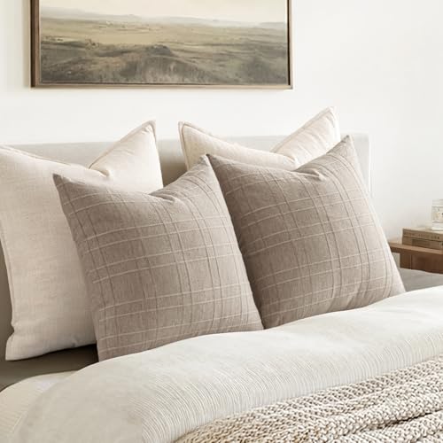Image of MIULEE Decorative Linen Check Throw Pillow Covers Neutral Farmhouse Vintage Pillow Covers 20x20 Set of 2 Boho Modern Home Decor for Sofa Couch Bedroom Cushion Natural Linen