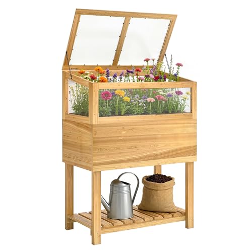 Outsunny Hochbeet mit Frühbeetaufsatz aus Holz erhöhter Pflanzkasten mit aufklappbar Abdeckung Regal Vliesstoff Ergonomisch Gemüsebeet Blumenkasten für Garten Balkon 80x45x108,5cm Naturholz