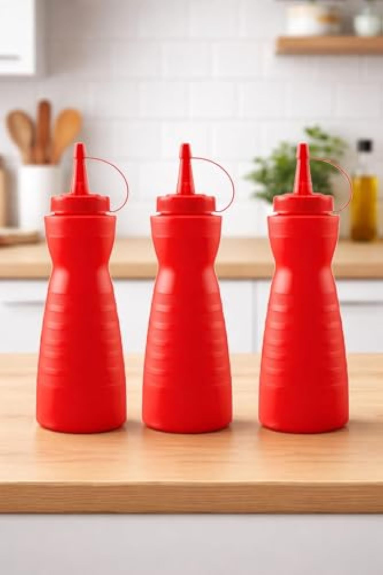 Red Plastic Squeeze Sauce Bottle with Flip-Top Nozzle