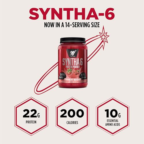 Image of BSN SYNTHA-6 Premium Protein Powder with 6g of Fiber, Whey Isolate, Micellar Casein, Milk Protein Isolate, 6g of Fat, Strawberry Milkshake, 14 Servings, 1.45 Pound (Packaging May Vary)