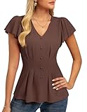 GRACE KARIN Summer Blouses for Women Dressy Casual, 2026 Ruffle Sleeve Peplum Tops, V Neck Business Work Shirts Coffee L