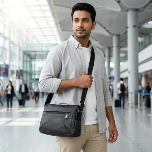 Image of GUSTAVE Small Lightweight Messenger Bag with Multilayer Storage for Daily | Water-Resistant Crossbody with Adjustable Strap, Compact Design for Travel, Commuting Black