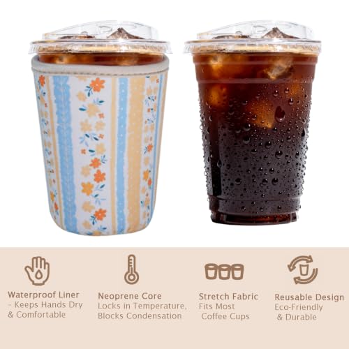 Image of Reusable Insulated Sleeve for Iced Coffee Cup, 3-Pack Coffee Neoprene Drink Sleeve for Cold & Hot Drinks, Beverage Holder for Iced Coffee (Meadow Panels)