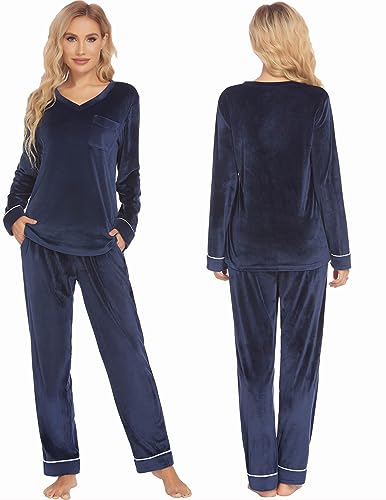 Ekouaer Couples Matching Pajamas Sets Velvet PJs Set for Men and Women Velour Long Sleeve Sleepwear S-XXL Navy3