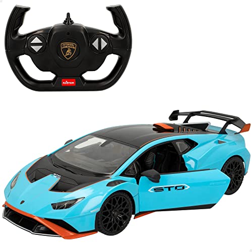 ColorBaby Rastar, Coche teledirigido Lamborghini Huracán STO Azul con Luces led y Puertas Que se abren, Coches para niños y para Adultos, Juguete para niño, Coche radiocontrol, Regalo(46978)