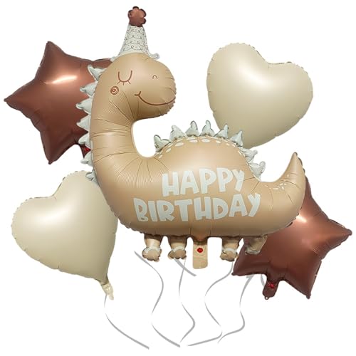 Image of 35''Nude Dinosaur Birthday Balloons &18''Brown Star Cream White Heart Foil Helium Balloon for Baby Shower Birthday Girl Boys Kids Dinosaur Theme Vintage Party Decorations Supplies 5Pcs