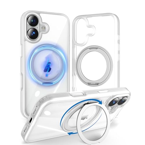 【360度回転スタンド・縦横両対応】KATSUTOYO iPhone17 用 ケース magsafe 黄ばみにくい いphone17用カバ一 強磁力リング マグネット搭載 360°回転スタンド スマホケ一スiphone 17用 MagSafe対応 高耐久性 アイフォン17用スマホケ一ス 耐衝撃 指紋防止 アイフォン17用ケース （6.3インチ）背殻クリア 白くて透明の商品画像（Amazon）