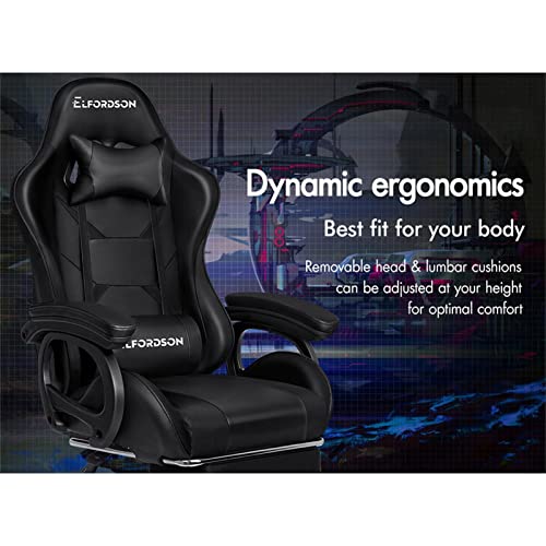 ELFORDSON Gaming Chair with 2-point Massage Lumbar Cushion, High Back PC Computer Game Chair, 150° Reclining Office Chair with Headrest & Footrest, 360° Swivel, Home Esports, PU Leather, Black - Image 6