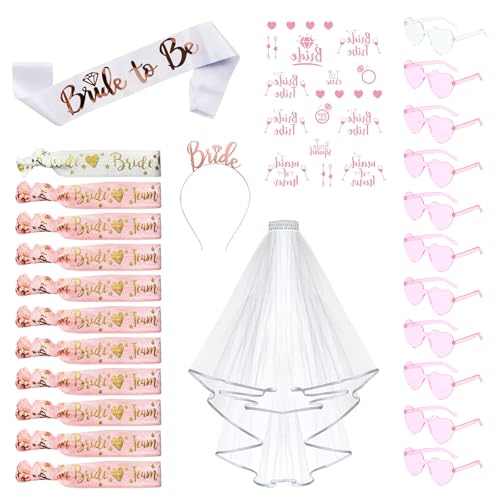 JGA Accessoires Frauen Set, Junggesellenabschied Frauen Jga Brille Team Bride to Be Schärpe Team Braut Armbänder Braut Tiara Schleier Bride Tattoos für Junggesellinnenabschied Deko (Rosa)