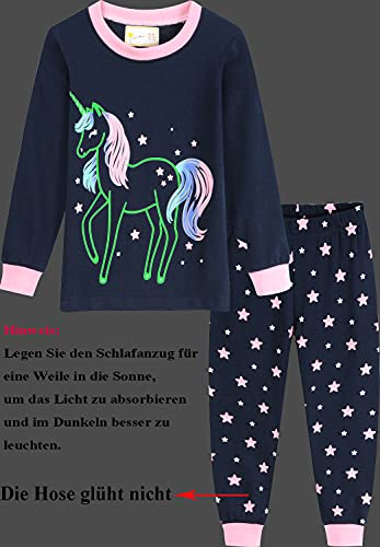 EULLA Kinder Mädchen Schlafanzüge Langarm Baumwolle Winter Pyjama Set Glow in The Dark Einhorn Zweiteilig Nachtwäsche 92 98 104 110 116 122 128 134 140 A-dunkelblau Glow in The Dark Einhorn DE 110