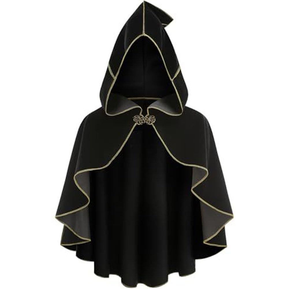 Danlai Golden Edge Hooded Medieval Buckle Cape Cloak, Retro Short Shawl Accessory for Womens Halloween Cosplay Outfits