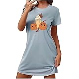 Fashion Halloween Pajamas Women Casual Cute Pumpkin Printed Short Sleeve NIghtgown Comfort Loose Short Nightdress Blue