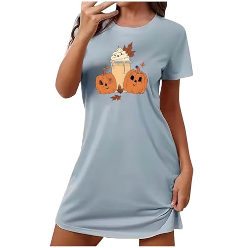 Fashion Halloween Pajamas Women Casual Cute Pumpkin Printed Short Sleeve NIghtgown Comfort Loose Short Nightdress Blue